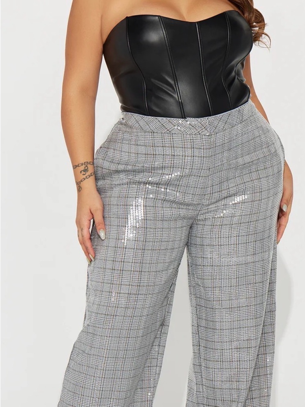 Fashion Nova Gray Plaid Sequin Wide-Leg Pants